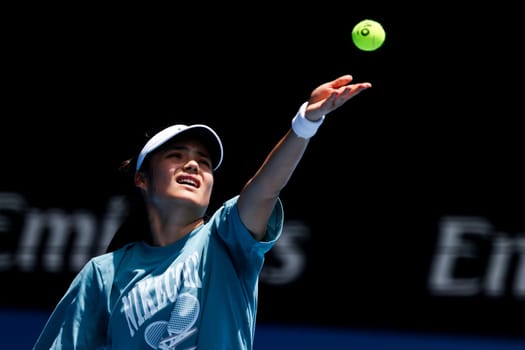MELBOURNE, AUSTRALIA - JANUARY 10: Emma Radacanu of Great Britain during practice with Andrey Rublev ahead of the 2025 Australian Open at Melbourne Park on January 10, 2025 in Melbourne, Australia.