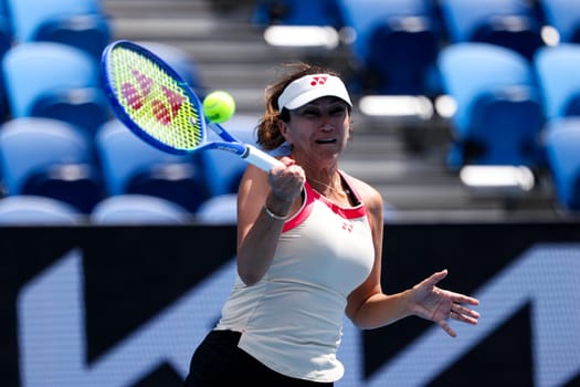 MELBOURNE, AUSTRALIA - JANUARY 10: Iva Majoli of Croatia partners Mansour Bahrami of France in the Legends mixed doubles against Pat Cash and Rennae Stubbs of Australia ahead of the 2025 Australian Open at Melbourne Park on January 10, 2025 in Melbourne, Australia.