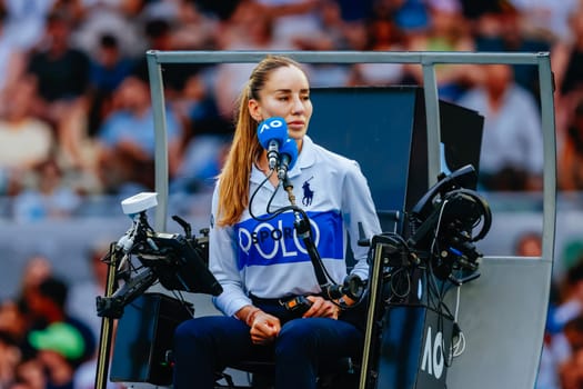 MELBOURNE, AUSTRALIA - JANUARY 19: Marijana Veljovic umpires the match between Ugo Humbert of France and Alexander Zverev of Germany on day eight of the 2025 Australian Open at Melbourne Park on January 19, 2025 in Melbourne, Australia.