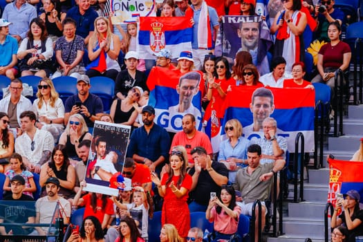 MELBOURNE, AUSTRALIA - JANUARY 19: Serbian fans cheer as Novak Djokovic of Serbia plays Jiri Lehecka of Czech Republic on day eight of the 2025 Australian Open at Melbourne Park on January 19, 2025 in Melbourne, Australia.