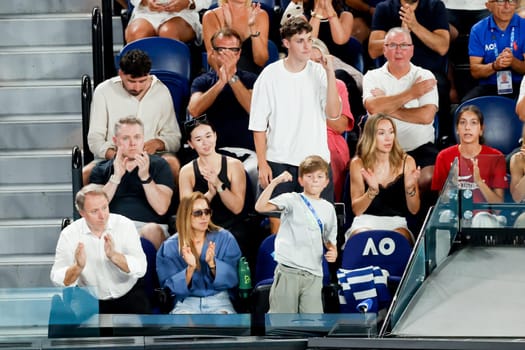 MELBOURNE, AUSTRALIA - JANUARY 19: Jelena Djokovic and Stefan Djokovic watch Novak Djokovic of Serbia play Jiri Lehecka of Czech Republic on day eight of the 2025 Australian Open at Melbourne Park on January 19, 2025 in Melbourne, Australia.
