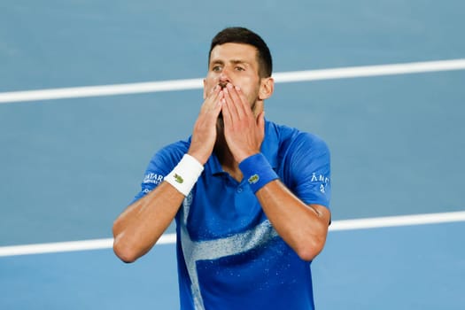MELBOURNE, AUSTRALIA - JANUARY 19: Novak Djokovic of Serbia thanks his fans after beating Jiri Lehecka of Czech Republic on day eight of the 2025 Australian Open at Melbourne Park on January 19, 2025 in Melbourne, Australia.