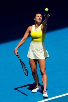 MELBOURNE, AUSTRALIA - JANUARY 19: Aryna Sabalenka of Belarus plays Mirra Andreeva of Russia on day eight of the 2025 Australian Open at Melbourne Park on January 19, 2025 in Melbourne, Australia.