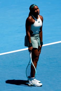 MELBOURNE, AUSTRALIA - JANUARY 19: Coco Gauff of USA reacts to a missed point whilstr playing Belinda Bencic of Switzerland on day eight of the 2025 Australian Open at Melbourne Park on January 19, 2025 in Melbourne, Australia.