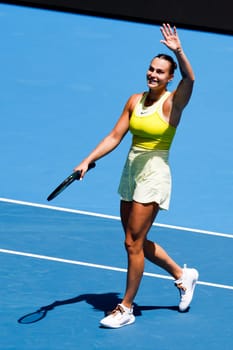 MELBOURNE, AUSTRALIA - JANUARY 19: Aryna Sabalenka of Belarus celebrates beating Mirra Andreeva of Russia on day eight of the 2025 Australian Open at Melbourne Park on January 19, 2025 in Melbourne, Australia.
