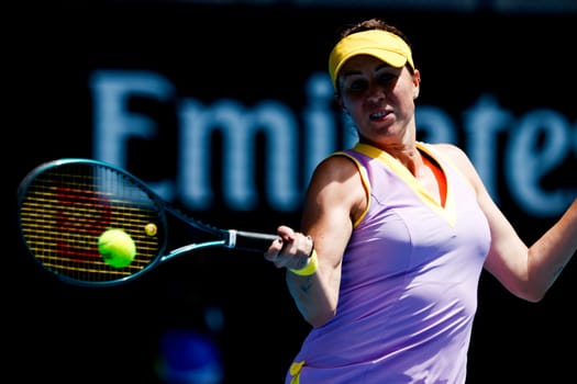 MELBOURNE, AUSTRALIA - JANUARY 19: Anastasia Pavlyuchenkova of Russia hits a forehand to Donna Vekic of Croatia on day eight of the 2025 Australian Open at Melbourne Park on January 19, 2025 in Melbourne, Australia.