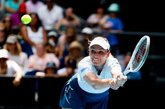 MELBOURNE, AUSTRALIA - JANUARY 19: Donna Vekic of Croatia hits a backhand to Anastasia Pavlyuchenkova of Russia on day eight of the 2025 Australian Open at Melbourne Park on January 19, 2025 in Melbourne, Australia.