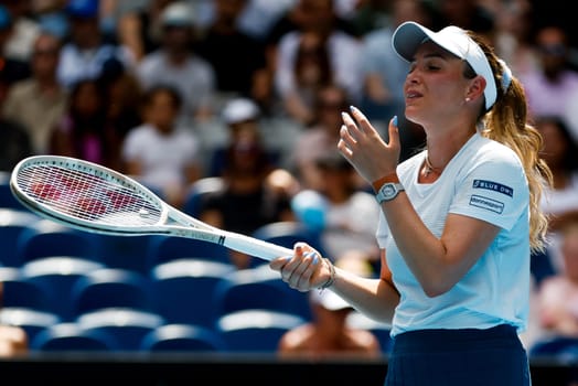 MELBOURNE, AUSTRALIA - JANUARY 19: Donna Vekic of Croatia reacts to a missed point whilst playing Anastasia Pavlyuchenkova of Russia on day eight of the 2025 Australian Open at Melbourne Park on January 19, 2025 in Melbourne, Australia.
