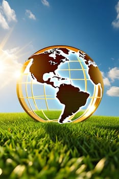 golden globe green grass blue sky ecology climate nature sun light landscape earth planet generated ai alt illustration background image wallpaper . High quality 3d illustration