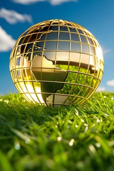golden globe green grass blue sky ecology climate nature sun light landscape earth planet generated ai alt illustration background image wallpaper . High quality 3d illustration