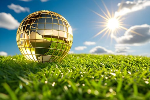 golden globe green grass blue sky ecology climate nature sun light landscape earth planet generated ai alt illustration background image wallpaper . High quality 3d illustration
