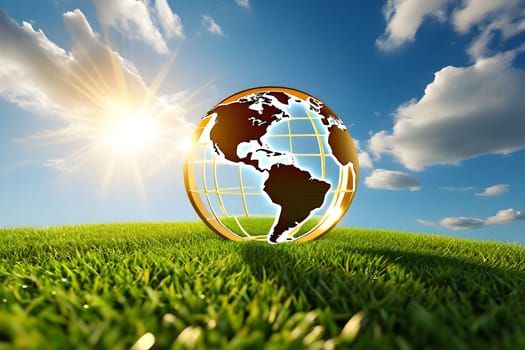 golden globe green grass blue sky ecology climate nature sun light landscape earth planet generated ai alt illustration background image wallpaper . High quality 3d illustration