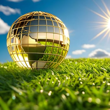 golden globe green grass blue sky ecology climate nature sun light landscape earth planet generated ai alt illustration background image wallpaper . High quality 3d illustration