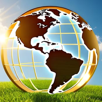 golden globe green grass blue sky ecology climate nature sun light landscape earth planet generated ai alt illustration background image wallpaper . High quality 3d illustration