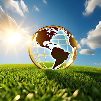 golden globe green grass blue sky ecology climate nature sun light landscape earth planet generated ai alt illustration background image wallpaper . High quality 3d illustration