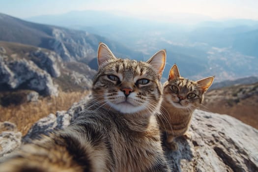 Two gray tabby cats taking selfie on top of mountain. Travel concept.