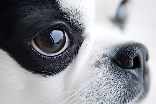 Close-up of a black and white pug with brown eyes.