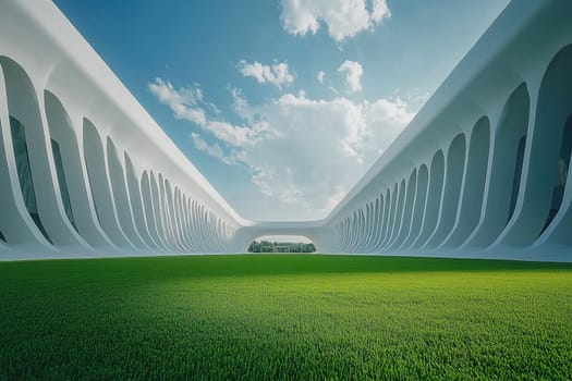 Modern sports stadium with white columns and lush green lawn on a sunny clear day.