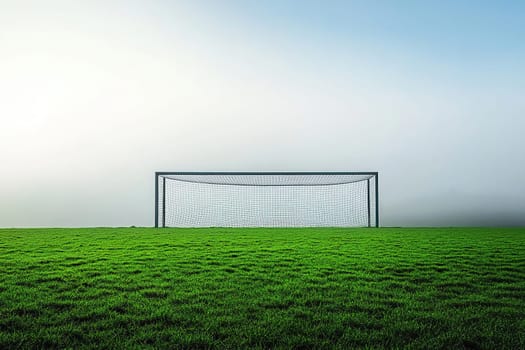 Football goals on green grass in a field on a very foggy morning.