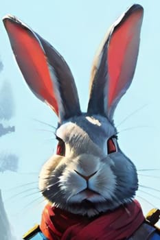 Bunny rabbit in blue coat, pet animal snow winter easter generated ai alt illustration . High quality illustration