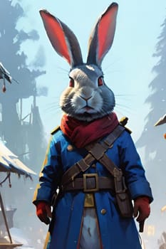 Bunny rabbit in blue coat, pet animal snow winter easter generated ai alt illustration . High quality illustration