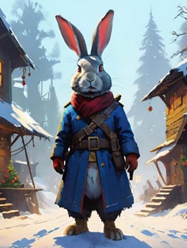 Bunny rabbit in blue coat, pet animal snow winter easter generated ai alt illustration . High quality illustration