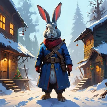 Bunny rabbit in blue coat, pet animal snow winter easter generated ai alt illustration . High quality illustration