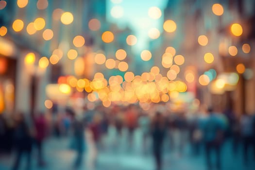 Vintage blurred image of city street with people with bokeh effect as background.
