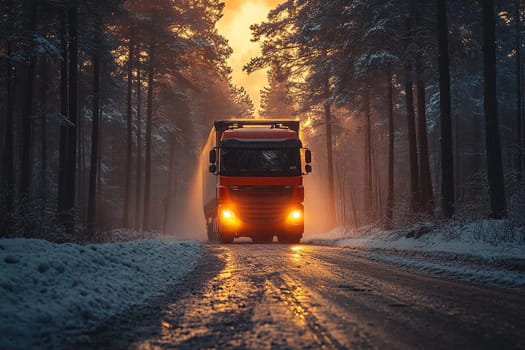 Red truck with headlights on highway surrounded by forest in winter time. Business, commerce, cargo transportation concept.