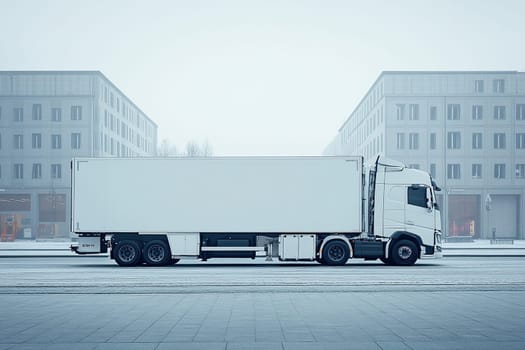 White truck for transporting goods on the city street. Truck with advertising space.