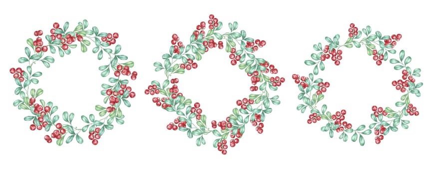 A beautiful set of watercolor clipart frames decorated with red berries and delicate green leaves. These festive wreath designs are perfect for holiday cards, product labels, and seasonal invitations