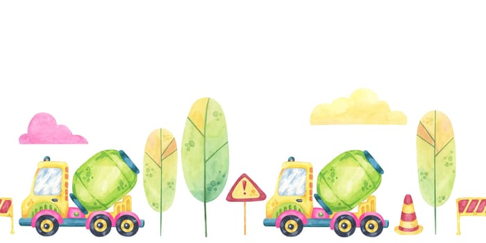 Green cement mixers, road signs, and pastel clouds. Seamless border construction site, toys watercolor clipart. Perfect for event invitations, educational materials, or themed wrapping paper