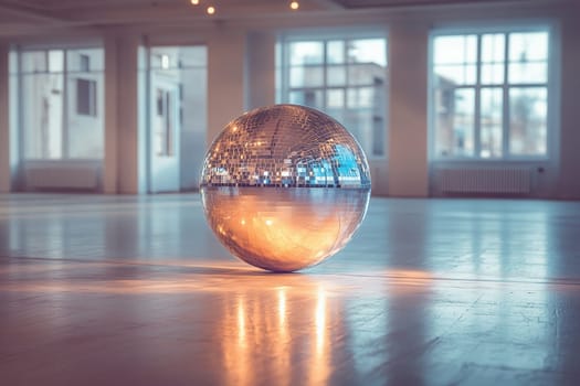 Mirror ball with bright light in empty dance hall