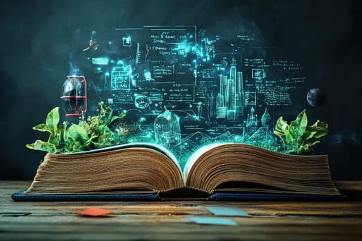An open book with a virtual projection of the earth, greenery and graphs. The concept of the latest technologies in education.