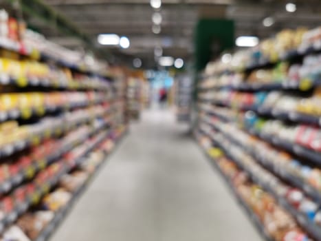 Abstract blurred supermarket aisle with colorful shelves. Blurred Background with bokeh. Copy space for text or ad design