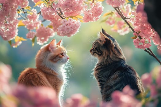 Two cats are sitting under a blossoming sakura tree in the garden in spring. Spring is coming.