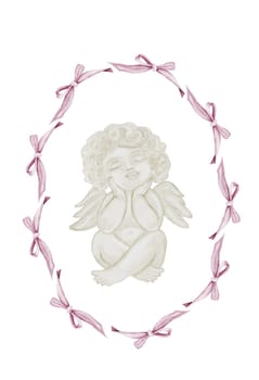 Watercolor Cupid in a frame of bows. Baptism angel. Hand drawn little Cherub in pastel colors on a white background. Clip art religious. Perfect for Valentine's Day and Christening cards and posters. High quality illustration. High quality illustration
