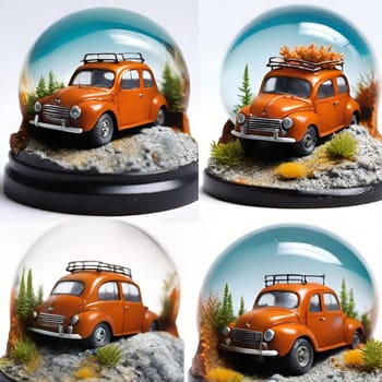retro car in glass ball orange toy vintage transport souvenir generated ai alt illustration 3D render . High quality