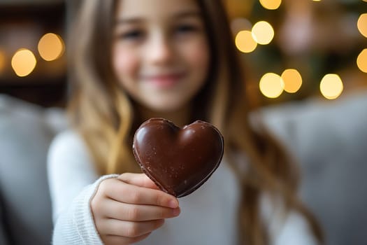 Chocolate heart in the hands of a girl. Daughter gives her mother a chocolate heart. Mother's Day, March 8.