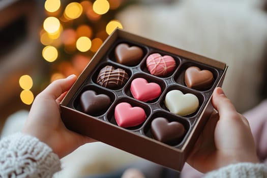 Box of sweets in the shape of a heart in the hands of a woman.