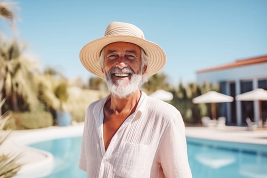 Portrait of happy joyful smile senior man tourist standing at the swimming pool, enjoying sunny summer vacation, wearing hat, shirt