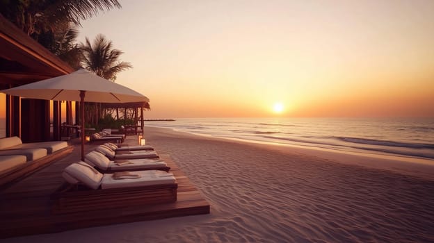 Golden hour, summer relaxing view, luxury resort landscape background, lounge beach sunbeds at peaceful sunset