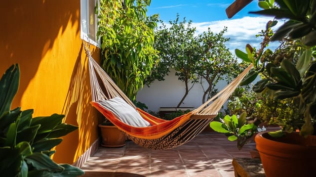 Relaxing scenic view of a cozy hammock in a garden decorated with lush green plants on a summer sunny day