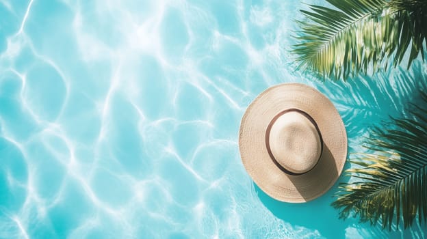 Summer resort vacation background, relaxing, straw hat floats in the refreshing swimming pool with clear blue water, palm tree leaves