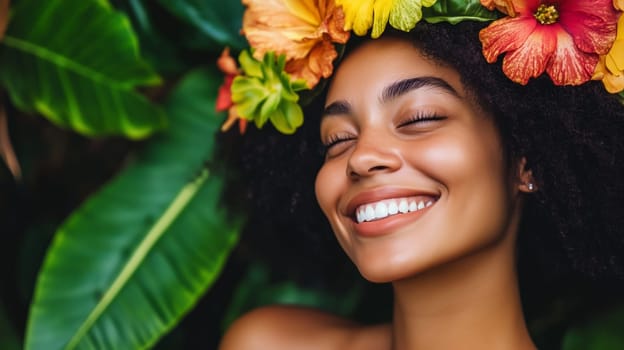 Portrait of beautiful happy black American young woman with flower crown at tropical resort, joyful smile. Wellness, summer vacation