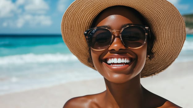 Summer vacation, portrait of happy relaxed smiling black American young woman wearing straw hat, sunglasses, standing on sunny beach with white sand enjoying at sea coast