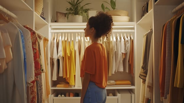 Beautiful woman stands in room with wardrobe organized closet, looking at different outfits with clothes