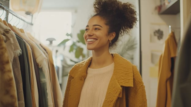 Happy black American woman smiles standing in room with wardrobe organized closet, looking at different outfits with clothes