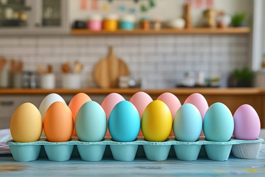 A tray of colored eggs on a table in the kitchen of a house. Eggs, paints on the table