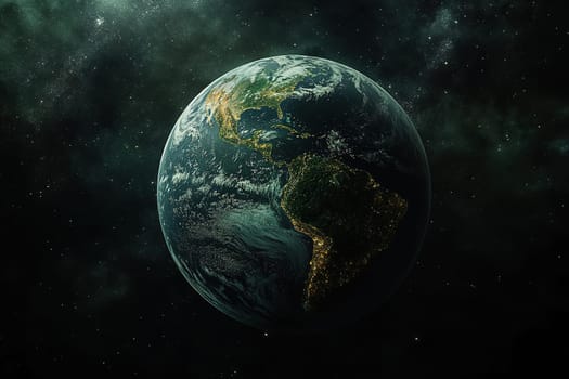 View of planet earth from space showing realistic earth surface and map of north and south america and ocean.